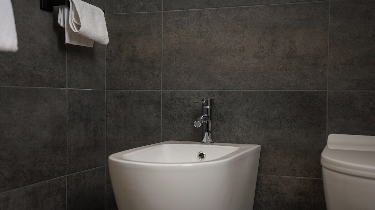 Un baño con un lavamanos blanco de pedestal, un grifo y un inodoro.