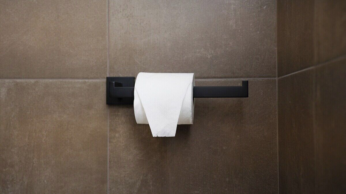 Un dispensador de papel higiénico fijado en una pared con azulejos.