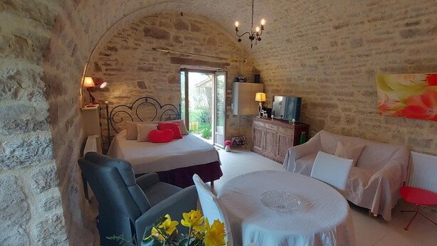 A room with a stone wall, a bed with a red pillow, a sofa, a small table, and a TV.