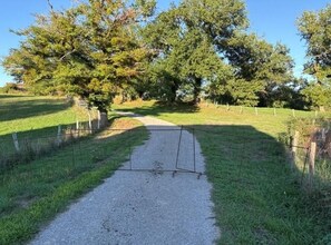 Un sendero de grava que conduce a un área cercada con árboles y césped.