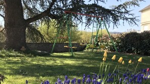 Een tuin met een schommel, een grote boom en paarse bloemen.