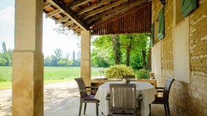A covered outdoor dining area with a table and chairs, a view of a green field, and a brick wall.