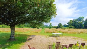 A picnic area with a table and chairs, surrounded by a grassy field and trees.