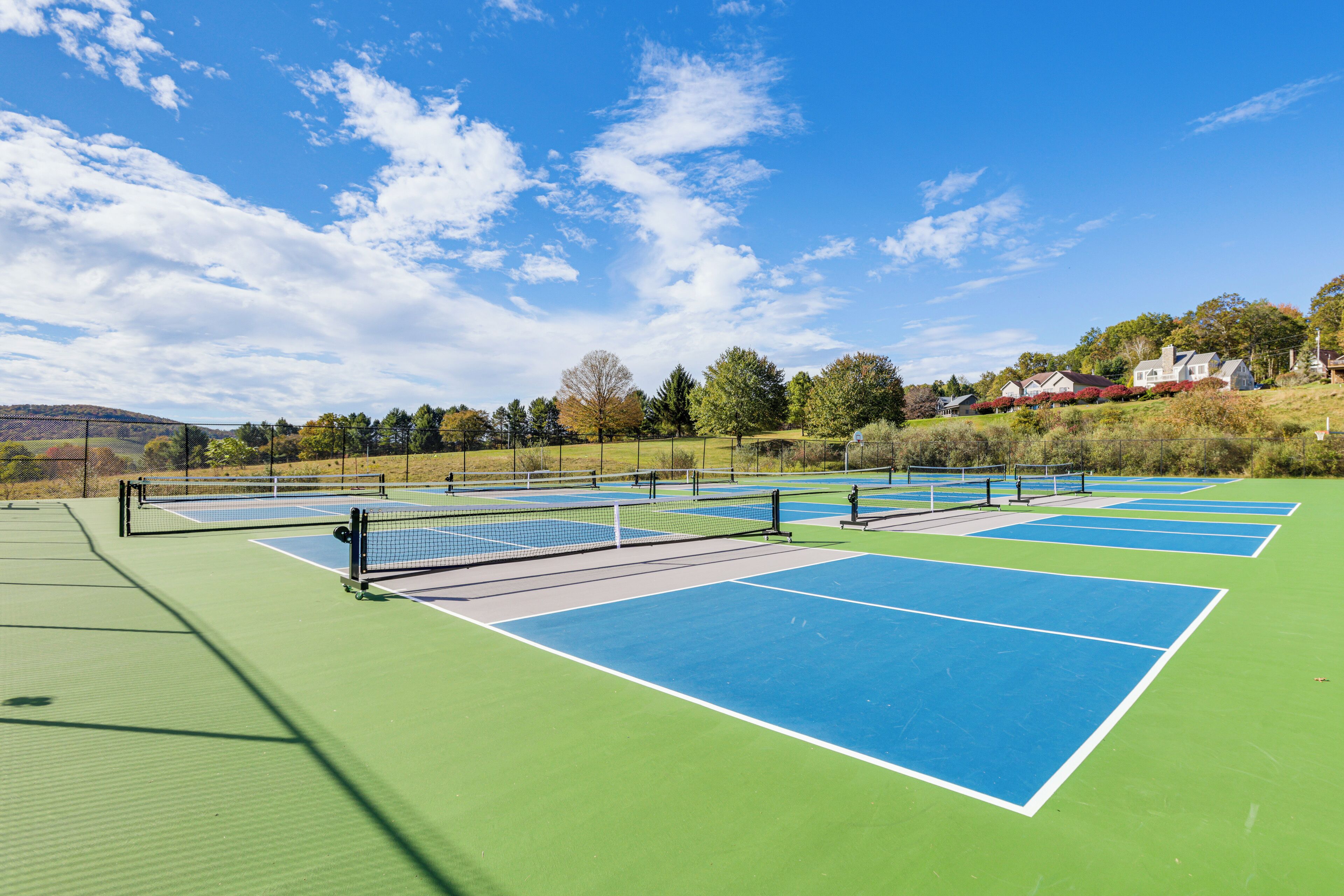 Un complejo de canchas de tenis con varias canchas, una red y un área verde circundante.