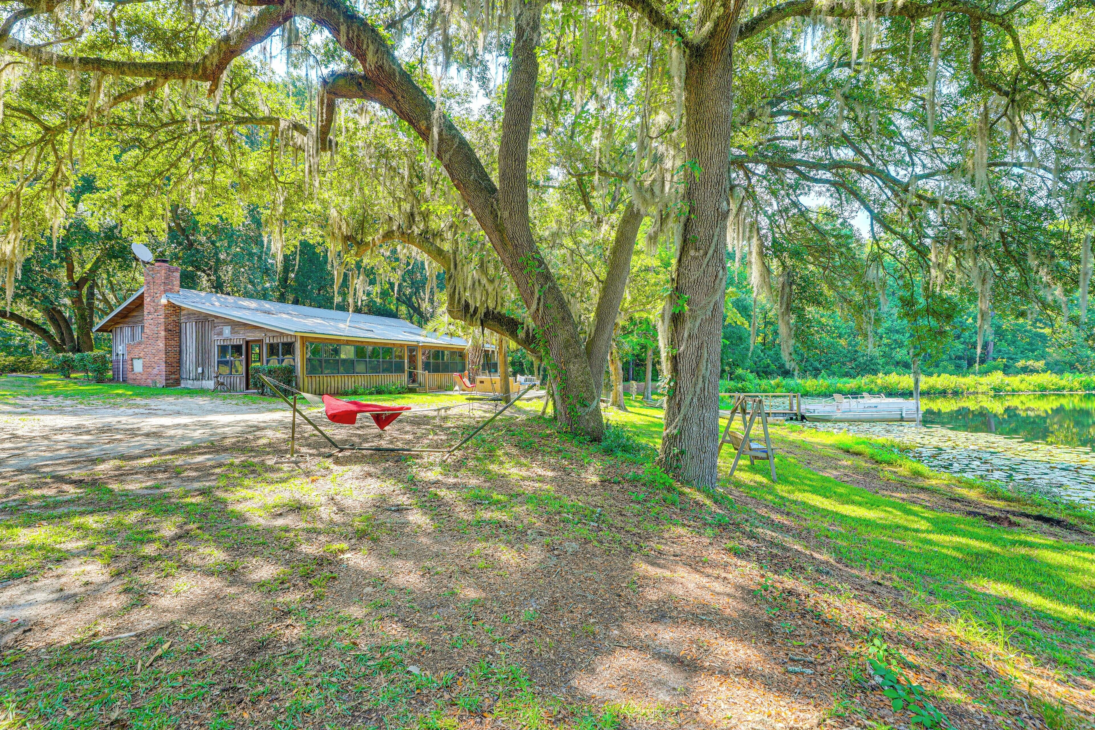 A rustic cabin with a swing under a large tree, surrounded by lush greenery and a pond.