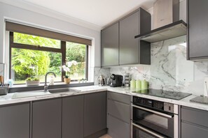 A modern kitchen with a large window, built-in appliances, and a view of greenery.