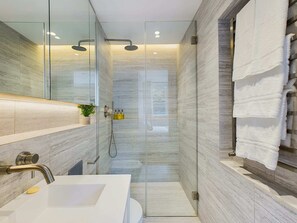 Shower, hair dryer, towels