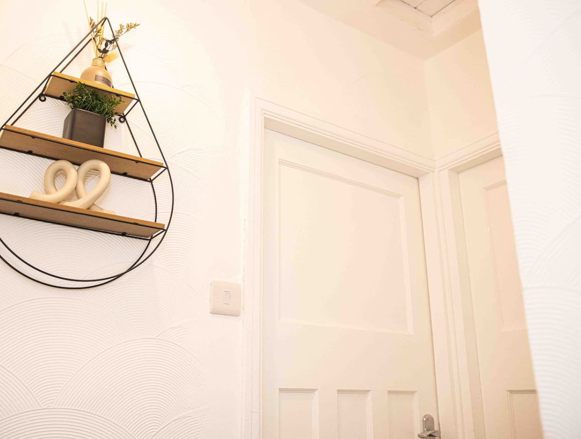 A white wall with a metal shelf holding a plant and two rings.