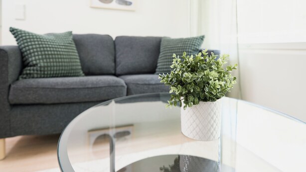 A modern living room with a grey sofa, a round glass coffee table, and a potted plant. - Forenom Serviced Apartments Klaukkala (Nurmijärvi)
