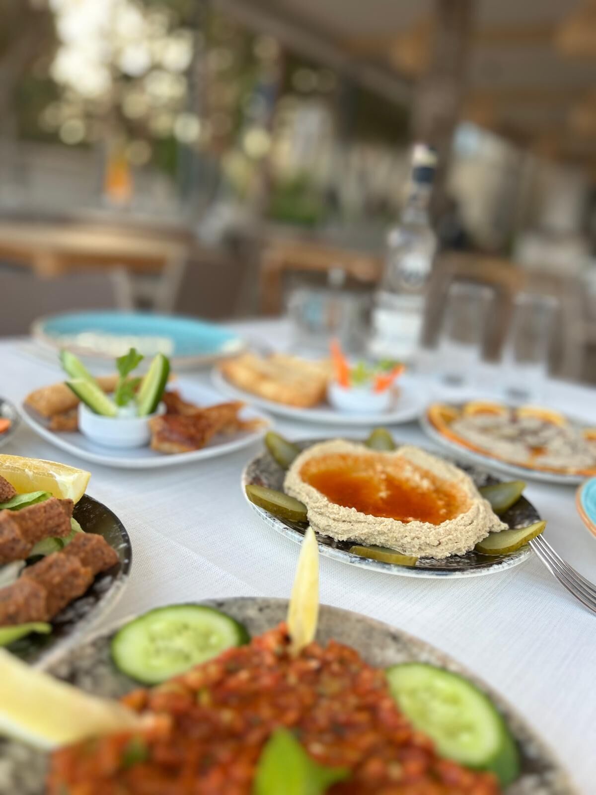 Une table dressée avec divers plats, notamment du houmous, des cornichons et une sauce rouge, ce qui laisse supposer qu’il s’agit d’un repas.