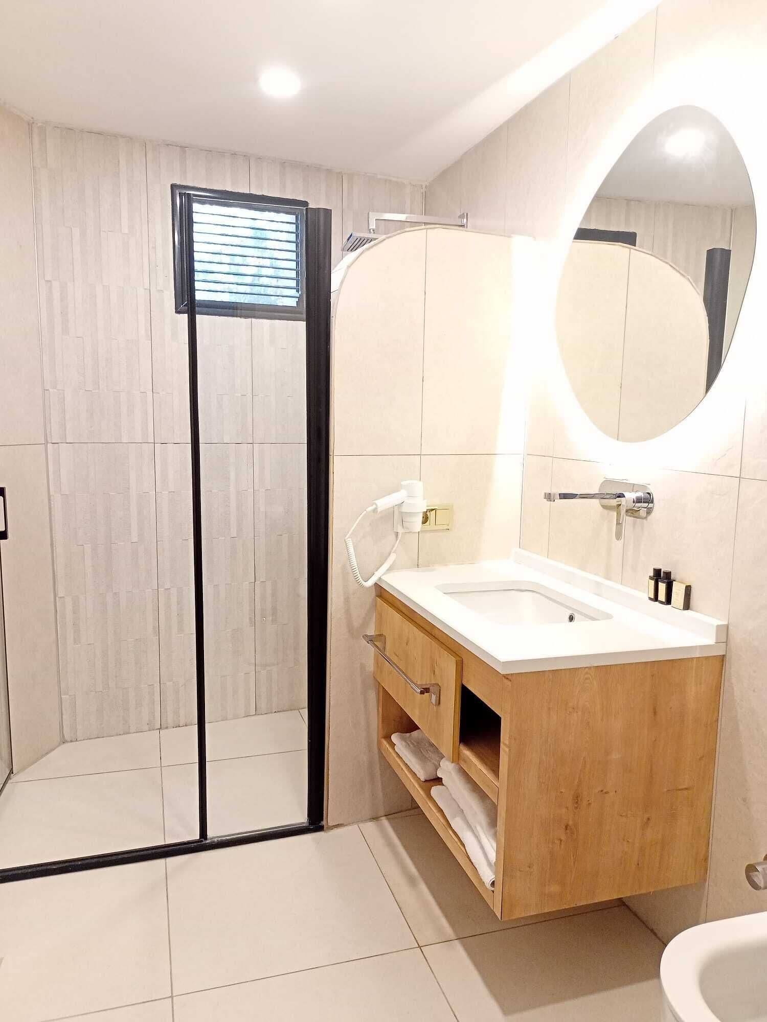 A modern bathroom with a shower enclosure, a vanity with a sink, and a large mirror.