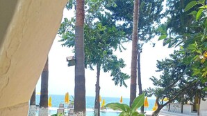 Blick auf einen Poolbereich mit Palmen, gelben Sonnenschirmen und einer Schnecke auf einem Vorsprung.