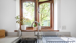 Een keuken met een spoelbak van roestvrij staal, een afdruiprek en een raam met uitzicht op bomen en een tuinhuis.