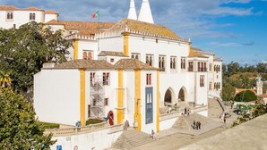 A historic building with a prominent staircase leading to the entrance, a flag, and a clear sky. - Sintra Historic Centre Romantism Capital (Sintra)