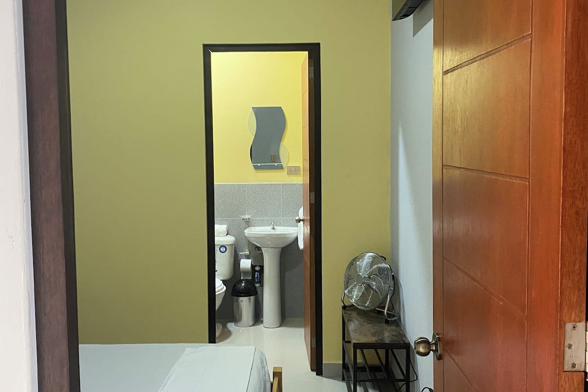 A bedroom with a bed, a wooden door, a mirror, a sink, and a fan.