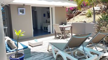 A sunlit patio with a dining table, chairs, and a small potted plant.