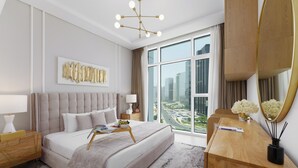 A modern hotel room with a large bed, a city view, a wooden desk, and a decorative wall piece. - Maison Privee - Tranquil Apt w/ Mesmerizing Views cls to Marina (Dubai)