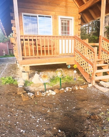 A view of the front porch of the cabin