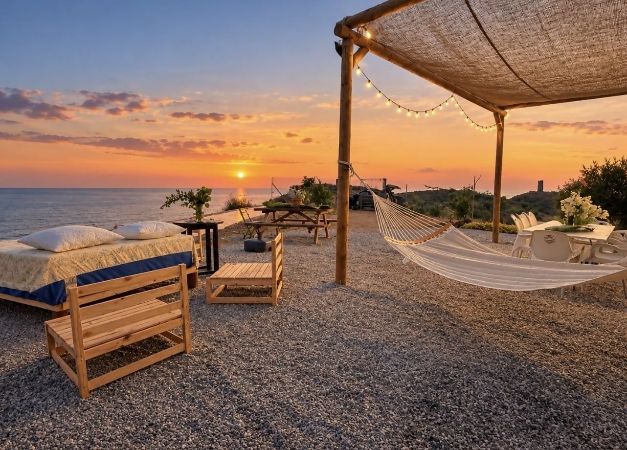 A beachside seating area with a hammock, wooden furniture, and a view of the sunset.