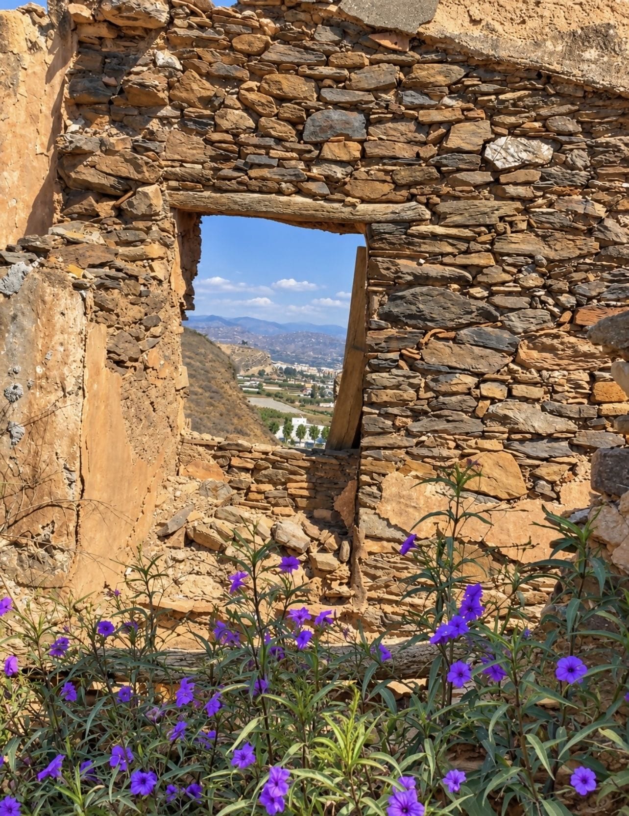 A stone structure with a window opening, surrounded by purple flowers.