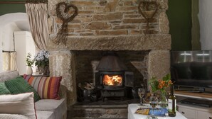Una sala de estar acogedora con chimenea de piedra, un sofá, una mesa con una botella y vasos, y un televisor.