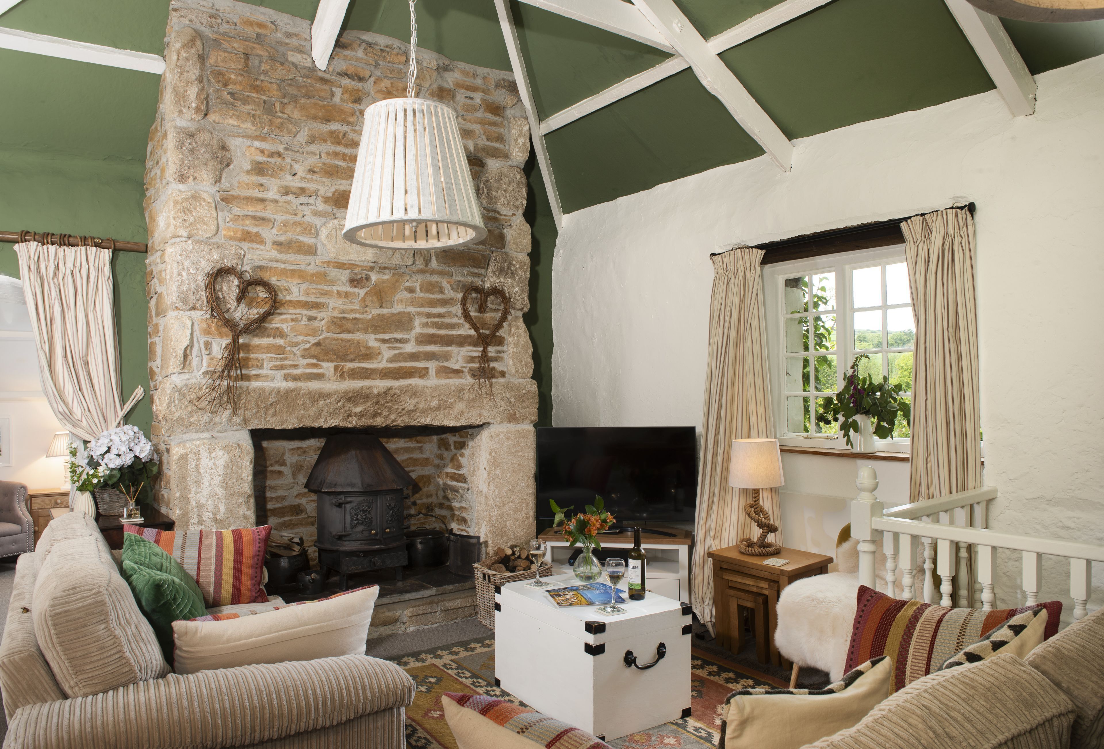 Smart TV, fireplace, DVD player, books