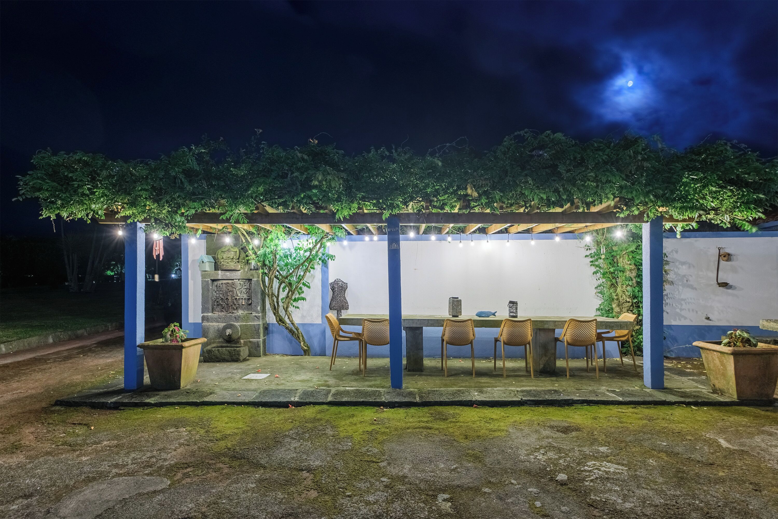 An outdoor dining area with a pergola, a table, and chairs, surrounded by potted plants and a stone wall.