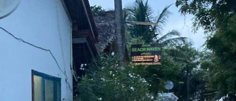 A dirt road leading to a beachside property with a white fence, a sign for 'Beach Haven,' and a palm tree.