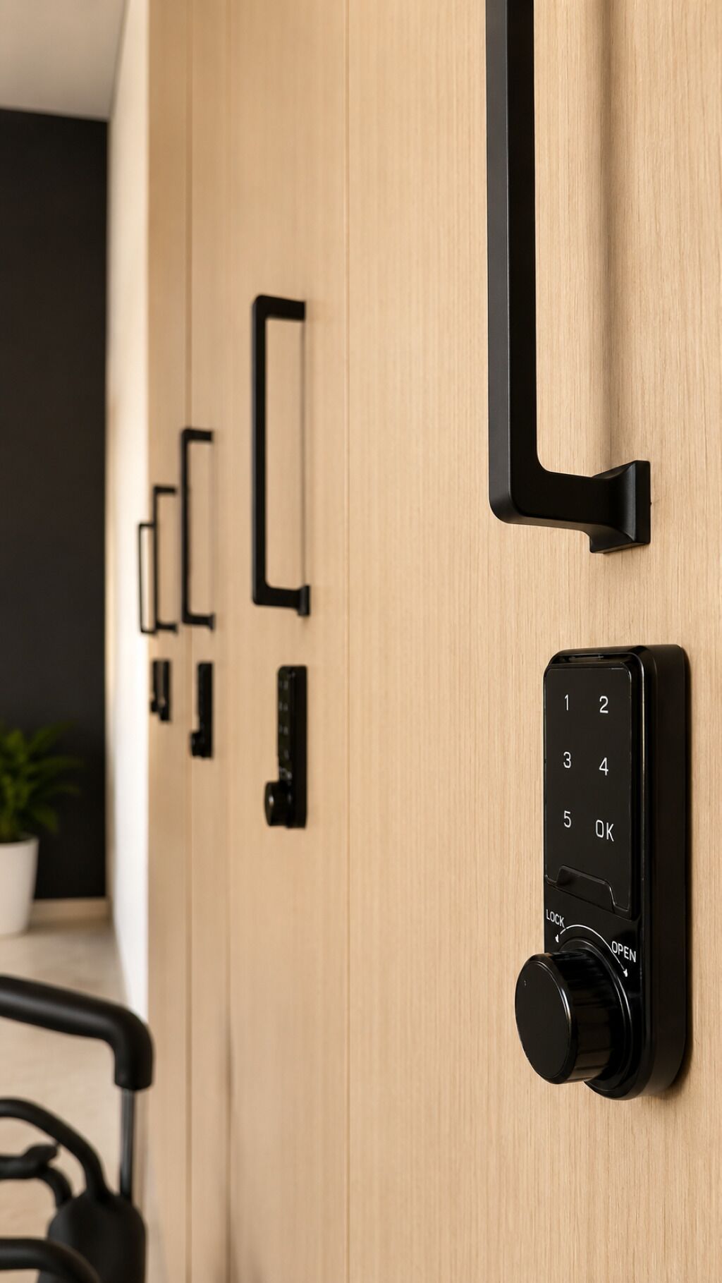 A wall-mounted door handle, a keycard reader, and a keypad lock.