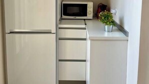 A compact kitchen with a white refrigerator, a microwave, and a small countertop with a potted plant.