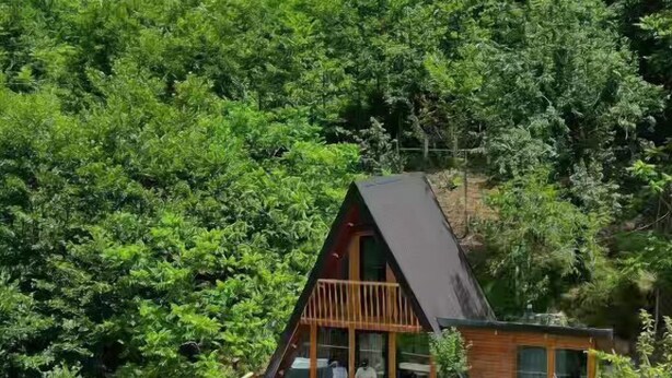 A cabin with a deck, surrounded by dense forest. - Thomas Hut (Khelvachauri)