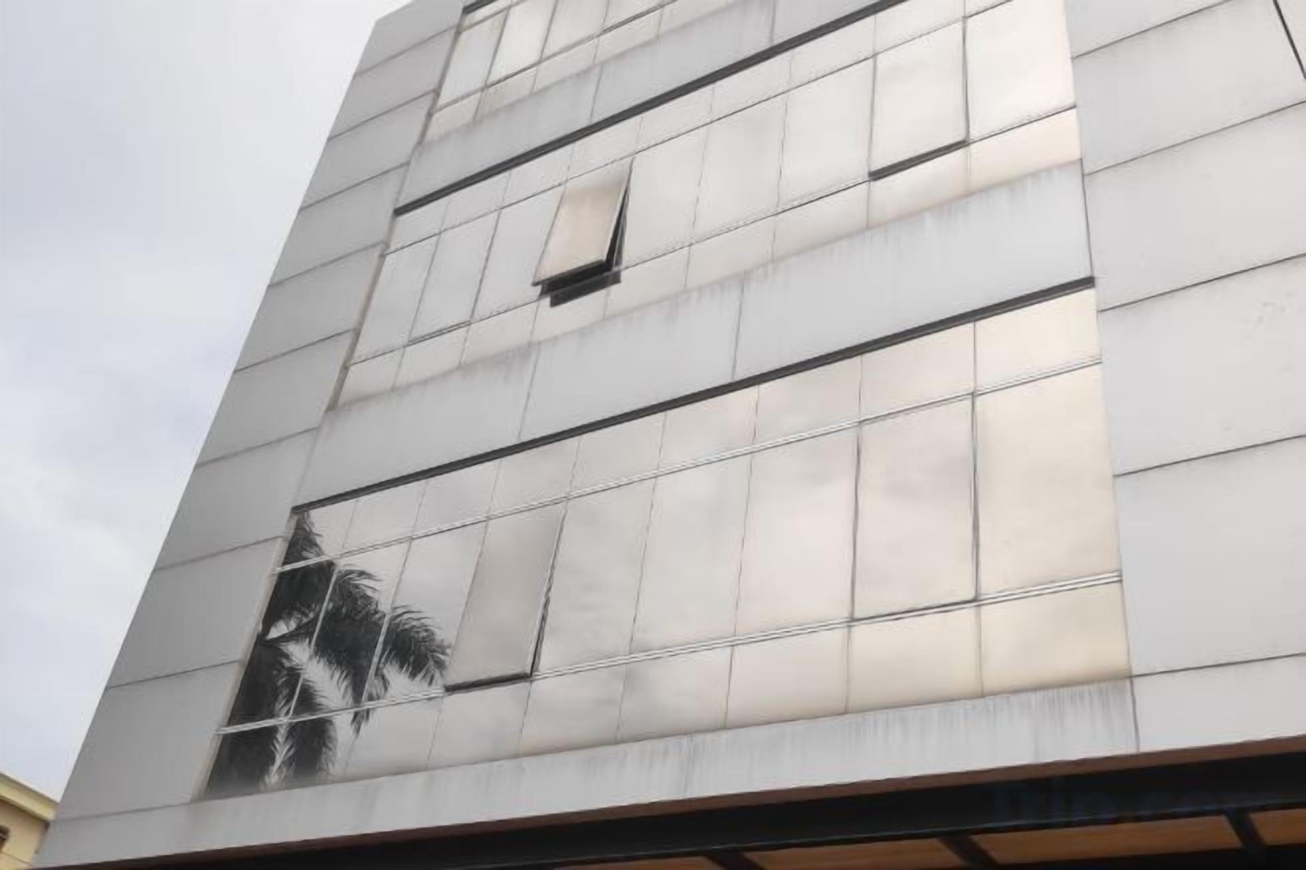 Fachada de edificio con superficie de vidrio reflectante y una ventana que refleja una palmera.