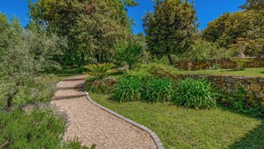 A garden pathway with a stone wall and a fountain.