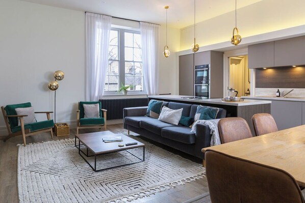 Smart TV, fireplace, books, stereo