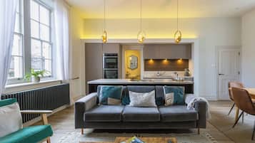 Smart TV, fireplace, books, stereo