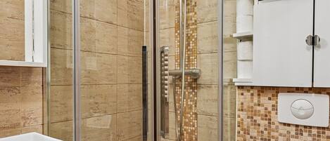 Une cabine de douche fermée par des parois en verre, dotée d’un pommeau de douche à main, d’un lavabo blanc et de toilettes.