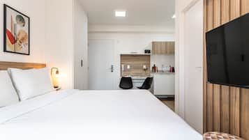 1 bedroom, desk, laptop workspace, blackout curtains