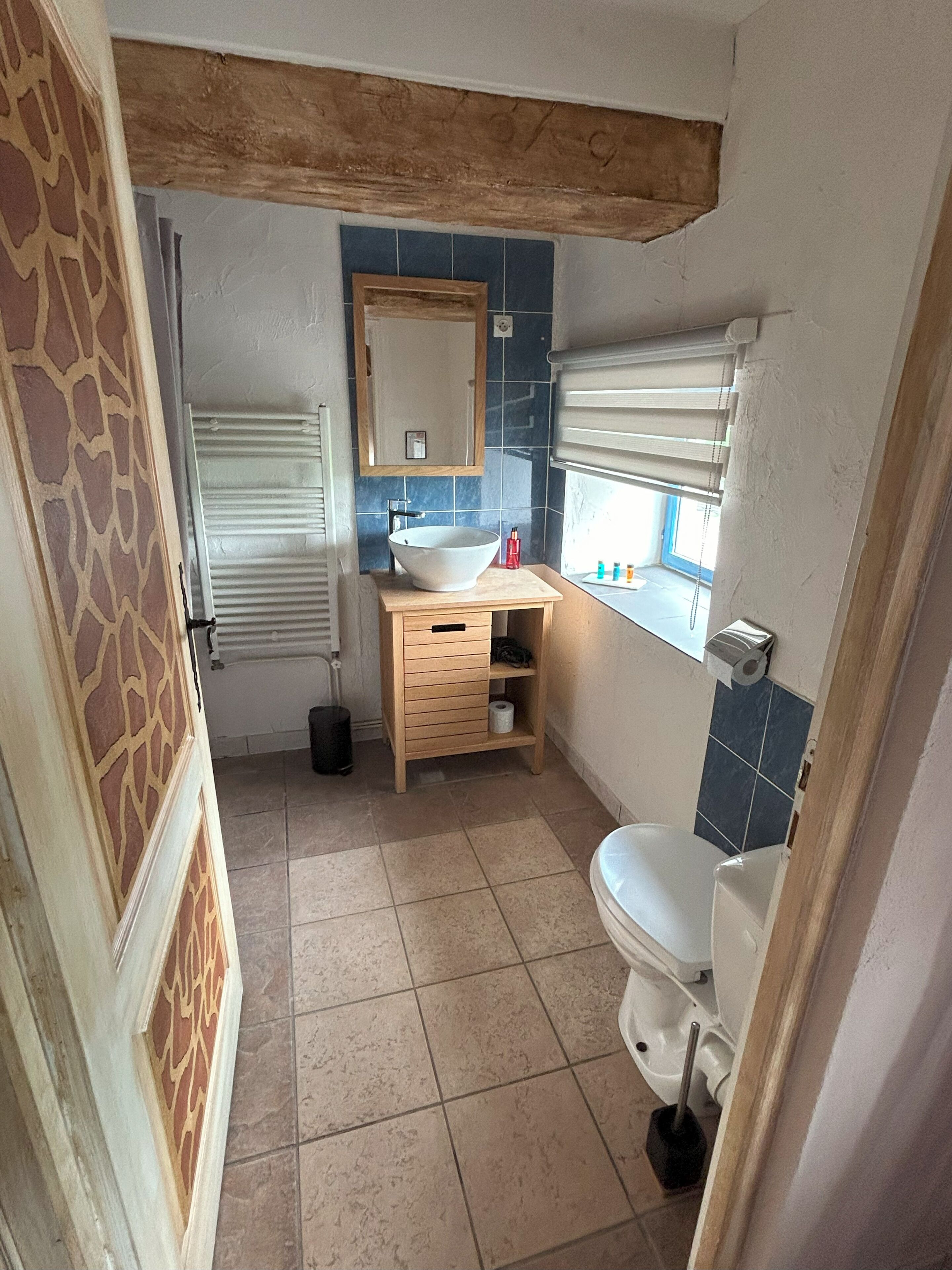 Une salle de bain avec un lavabo blanc, un meuble-lavabo en bois, des murs recouverts de carreaux bleus, des toilettes blanches et une fenêtre avec des stores.