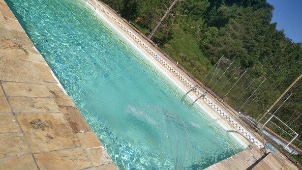 Una piscina rectangular con agua cristalina, rodeada de baldosas de piedra y una zona ajardinada con valla.
