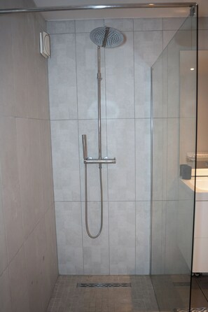 Dusche, Haartrockner, Handtücher, Toilettenpapier