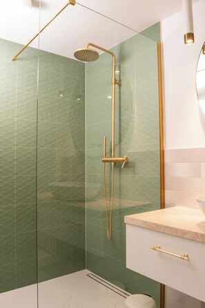 Shower, hair dryer, towels, toilet paper