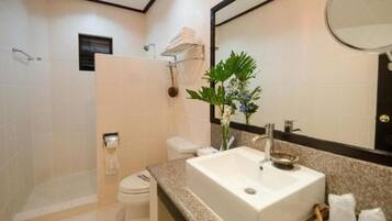 A modern bathroom with a large sink, toilet, and shower area.
