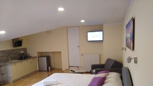 Ein kleines Zimmer mit Bett, einer Küchenzeile, einem Fernseher und einem Bild an der Wand.