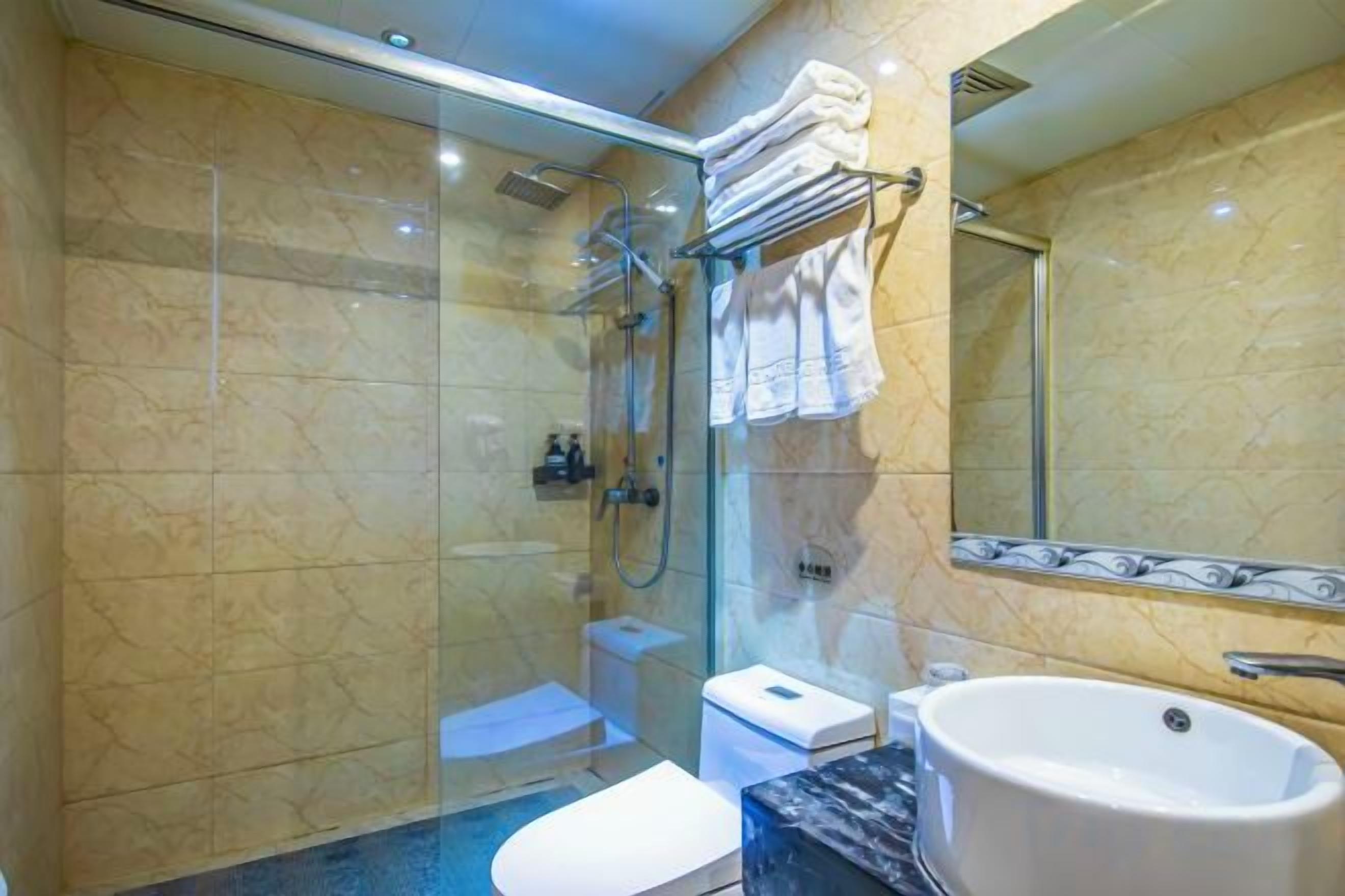 Een badkamer met een douchecabine van glas, een toilet, een wastafel en een spiegel.