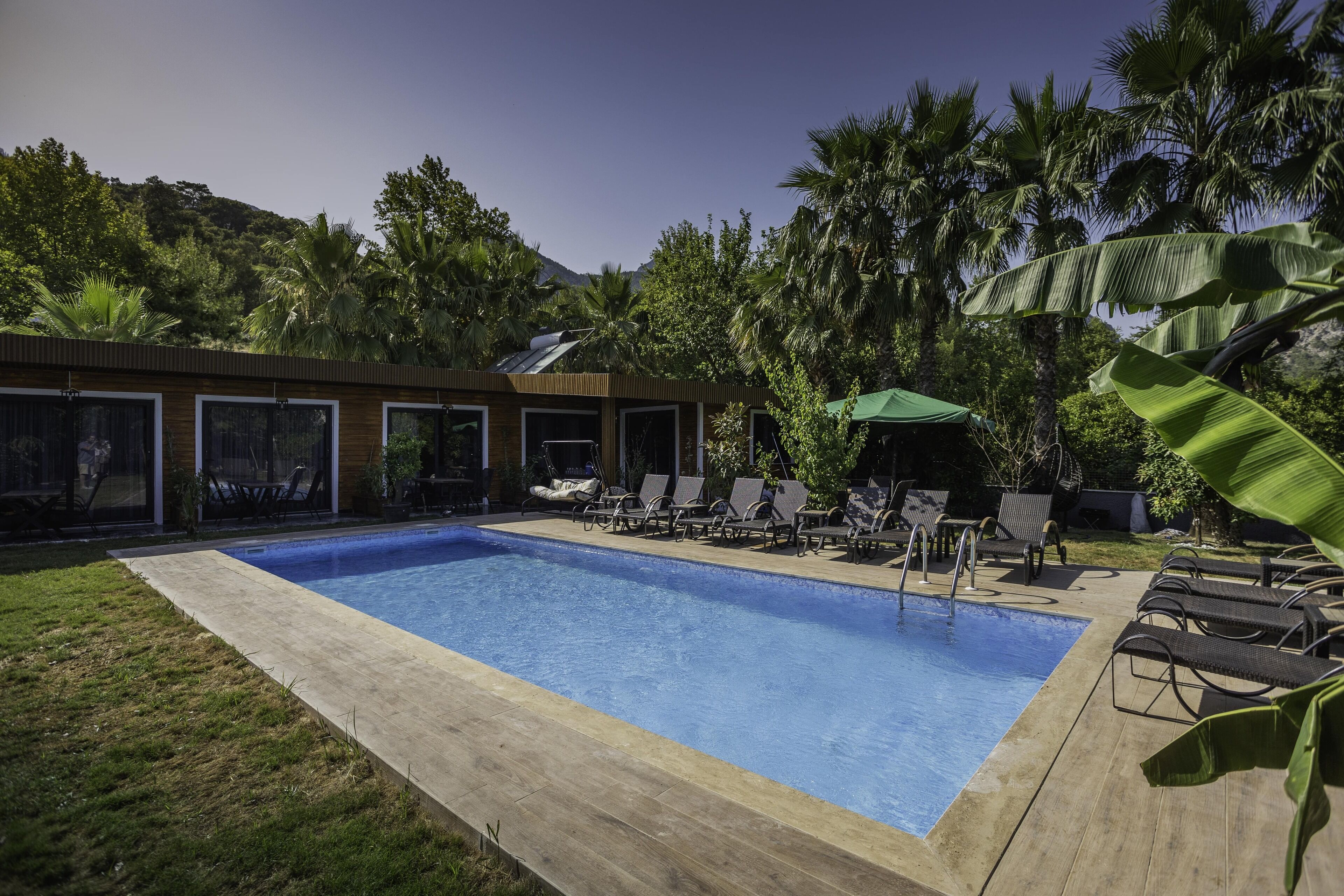 Una piscina con lettini e ombrelloni, circondata da vegetazione rigogliosa e un edificio con ampie finestre.