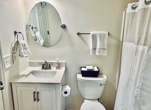 Hair dryer, bidet, towels, soap