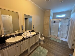 Shower, towels, soap, toilet paper