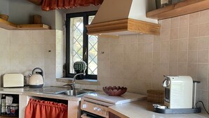 Uma cozinha com teto de madeira, janela com vista, pia, fogão e bancada com chaleira e liquidificador.