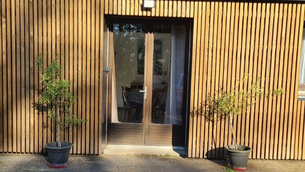 A building with a wooden facade, a glass door entrance, and two potted plants on the ground.
