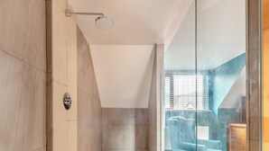 Un baño moderno con ducha, separador de vidrio y vistas a una sala de estar con muebles azules.